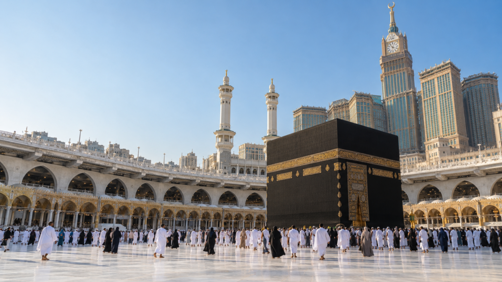 Pilgrims near the Kaaba at Masjid al-Haram in Makkah on a clear morning