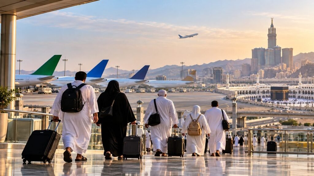 Illustration of Umrah pilgrims with luggage, aircraft and the Makkah skyline